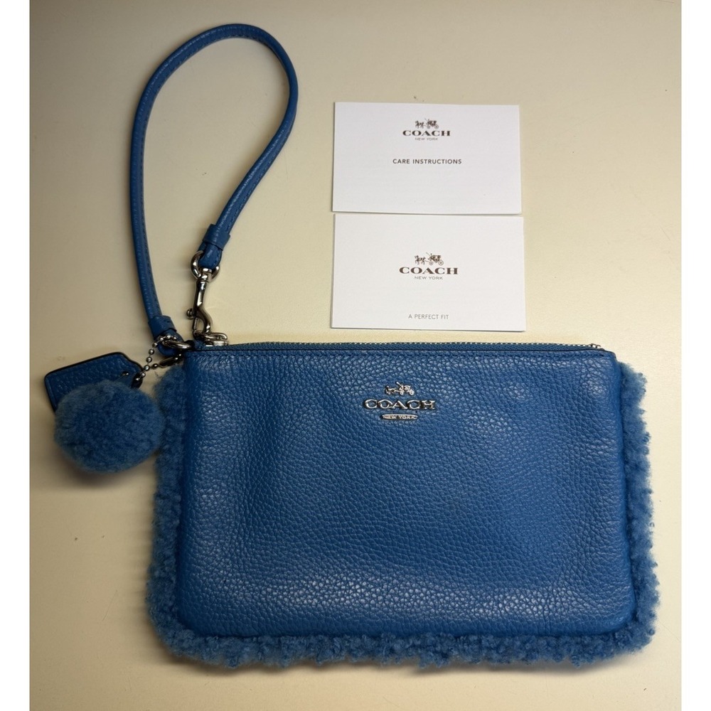 Coach Nolita Small Wristlet in Peacock Blue Pebble Leather with Shearling Trim